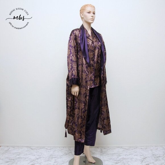 Design Studio Floral Brocade Pajama & Robe Set Tassel Tie Purple Golden Women S - Picture 3 of 16